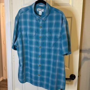 Duluth Trading Co Men's Teal Plaid Untucked Short Sleeve Shirt